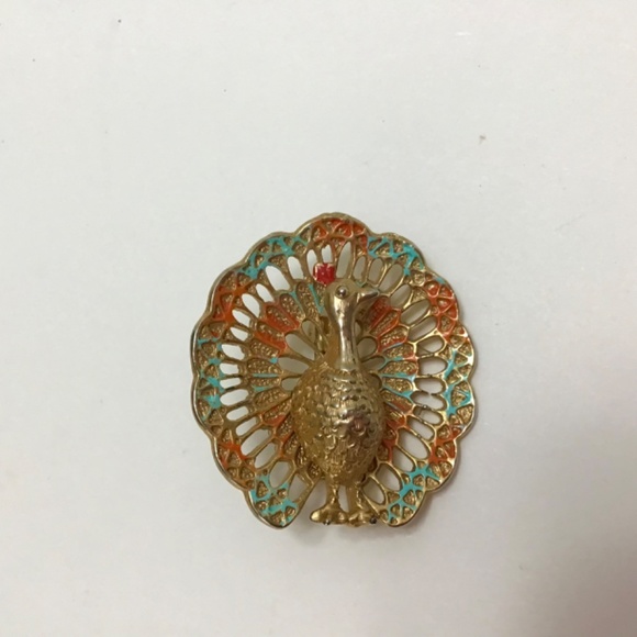 1960's Peacock Brooch, Pin, Lapel Pin-Gold Tone, Faux Ruby Rhinestone Crown - Picture 2 of 5